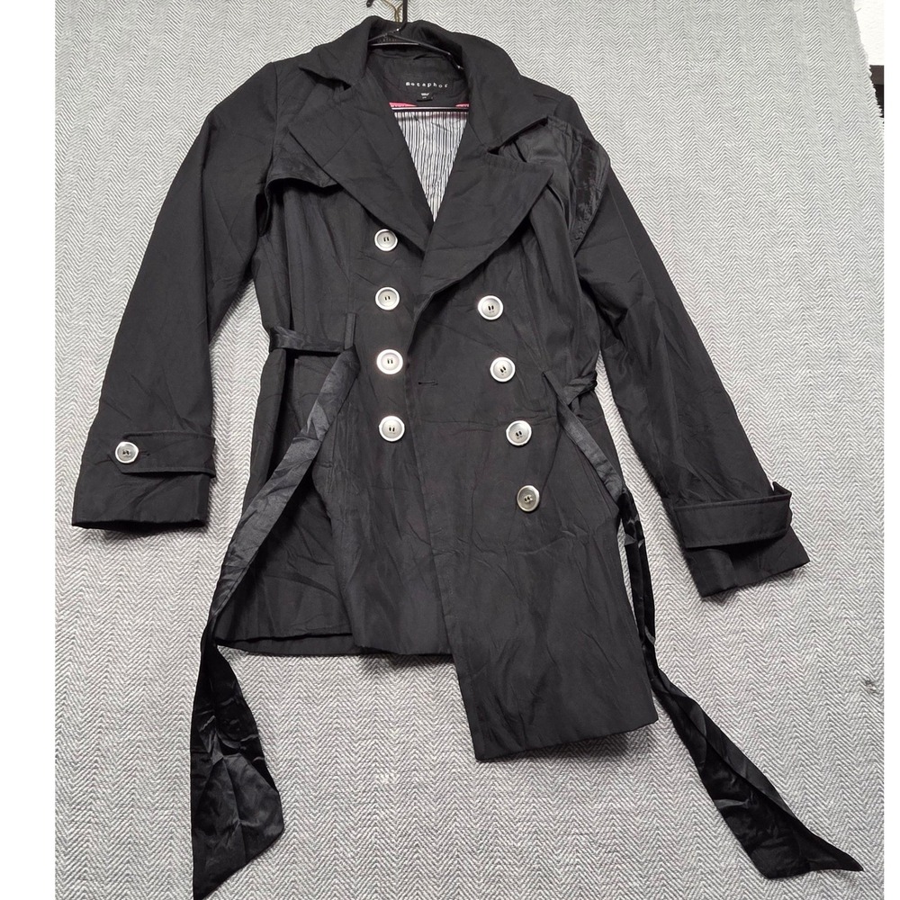 Metaphor Black Double Breasted Trench Coat Belted Pinstripe Lining Womens Small